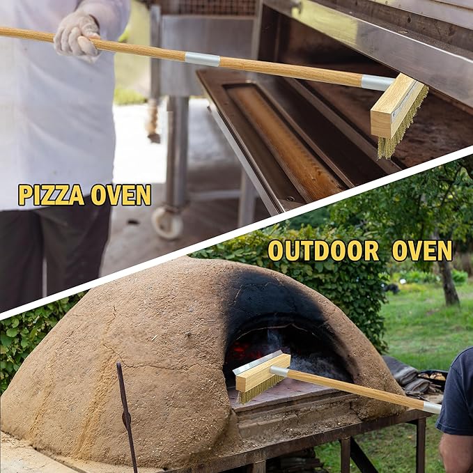 Pizza Oven Brush with Scraper,60-Inch Adjustable-Length Long Wood Handle Brass Bristles,Outdoor Pizza Oven Brush