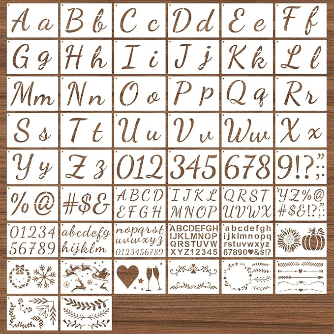 BAMIDELE Letter Stencils for Painting on Wood, 50 Pcs Calligraphy Alphabet Drawing Templates with Numbers, Signs, Flowers, Reusable Cursive Plastic Art Craft Stencils