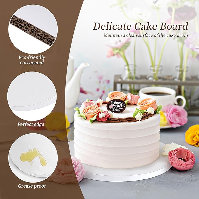 Cake Drums 10 Inch Round Cake Boards, 1/2" Thick Food-Grade Corrugated Cardboard Base, Sturdy Cake Drum Tray Smooth Edges for Cakes, Desserts and Birthday Party Pastries Display, 10 Pcs White