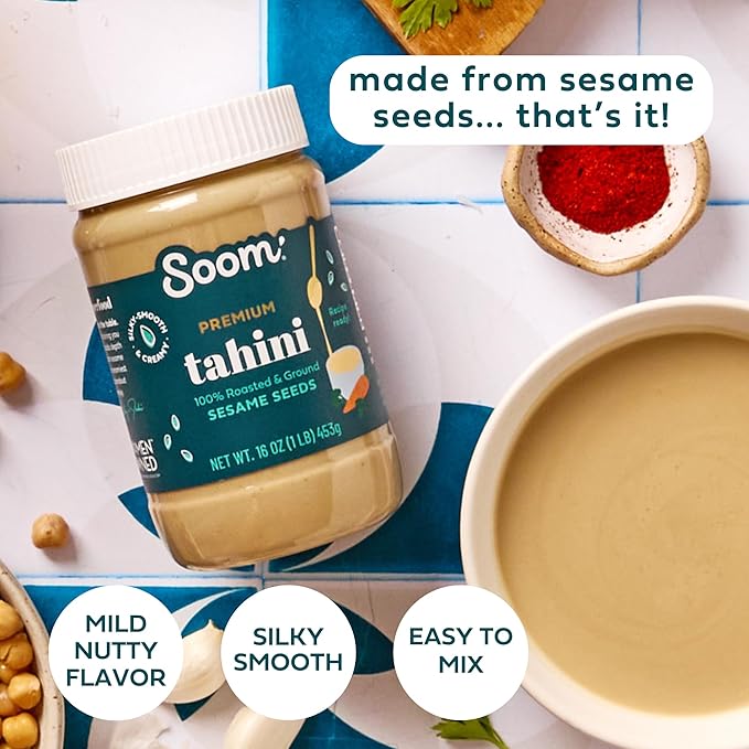 Soom Foods Ground Premium Sesame Tahini Paste 16oz (1 Pack) | Silky Smooth Texture in Hummus, Dips, Dressings | Vegan, Nut-Free, Gluten-Free, Kosher, Keto, Paleo, Whole30