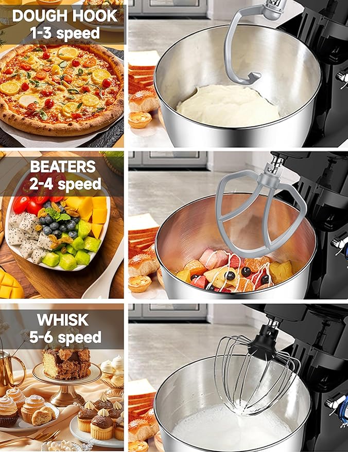 Stand Mixer 6QT Dough Mixer - 660W Kitchen Mixer 6-Speed Electric Mixer with Egg Whisk Dough Hook Flat Beater BLACK
