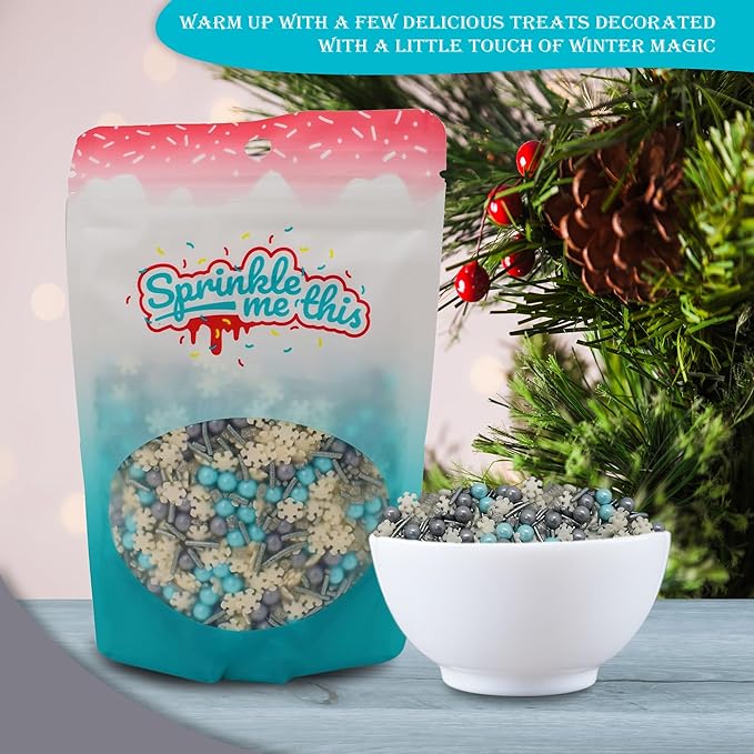 Wintertime Magic - 4 Oz Resealable Bag - Christmas Themed Sprinkles - Featuring White Snowflakes, Silver Jimmies, Silver Pearls and Baby Blue Pearls - Cake and Ice Cream Sprinkles
