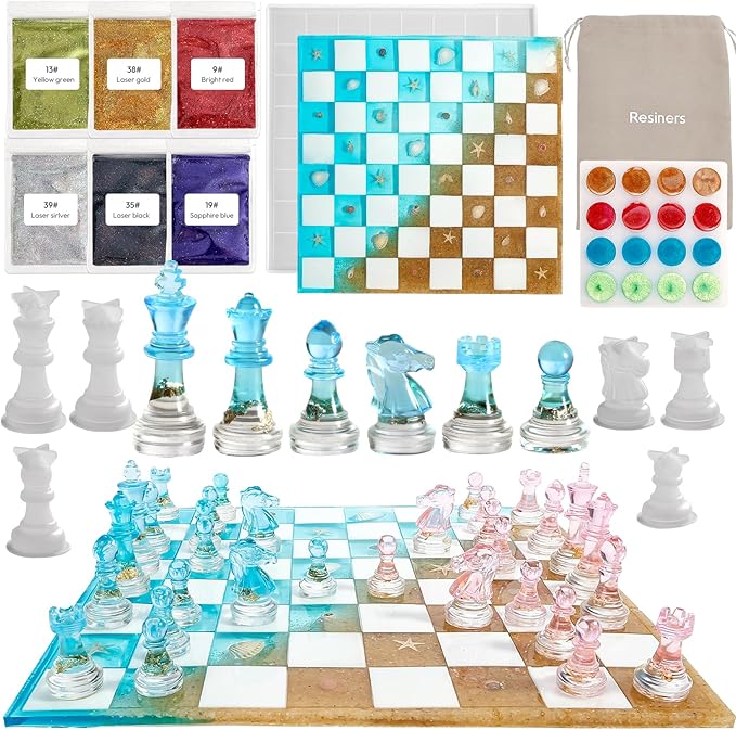 Resiners Chess Molds, Resin Chess Set Mold with 16 Piece 3D Full Size Chess Checkers & Chess Board, DIY Chess Board Game, Epoxy Resin NOT Include