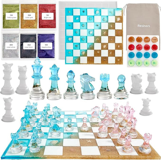 Resiners Chess Molds, Resin Chess Set Mold with 16 Piece 3D Full Size Chess Checkers & Chess Board, DIY Chess Board Game, Epoxy Resin NOT Include