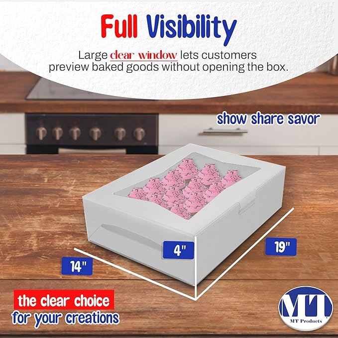 MT Products White Cake Boxes 19" x 14" x 4" - Auto Pop-Up Bakery Boxes with Window (Pack of 10) - Made in USA