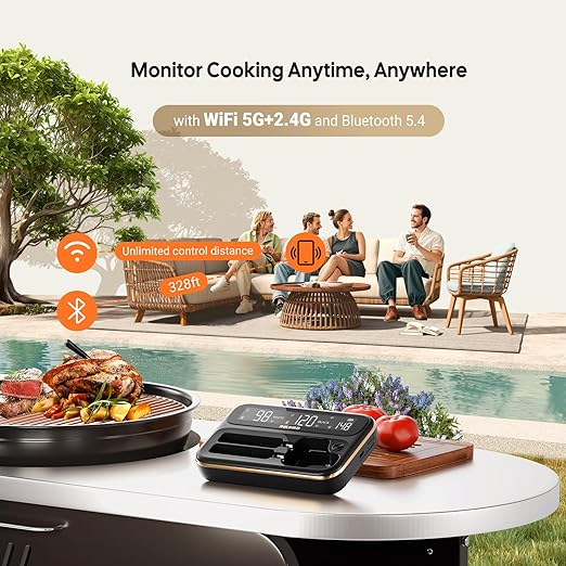 5GHz & 2.4GHz WiFi Wireless Meat Thermometer, INKBIRD WiFi Meat Thermometer with 2 Size-Coded Probes and Unlimited Range,Bluetooth 5.4 Thermometer with 360° Readable LCD-Enhanced Booster