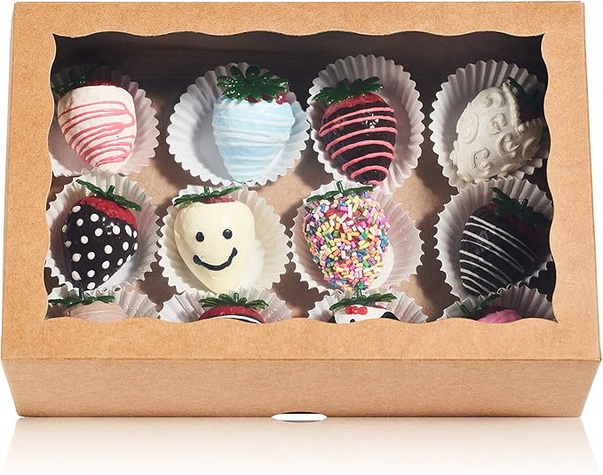 24PCS 10 x 7 x 2.5 inches Professional One Piece Strawberries Boxes, Cookies Boxes with With Clear Window for Visibility, Brown Natural Kraft Paper Box