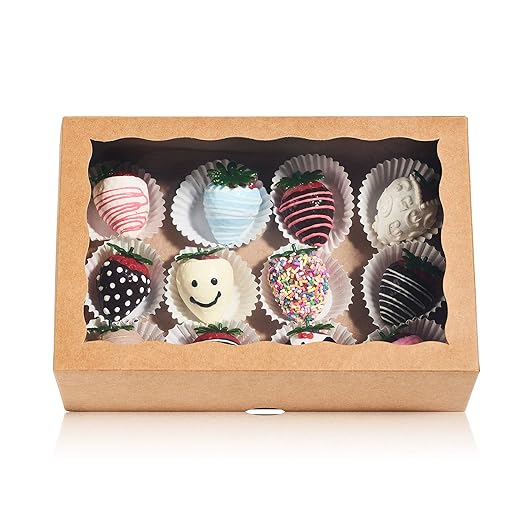 50PCS 10 x 7 x 2.5 inches One Piece Brown Bakery Boxes, Cookie Boxes, Natural Kraft Brown Strawberry Boxes with Display Window