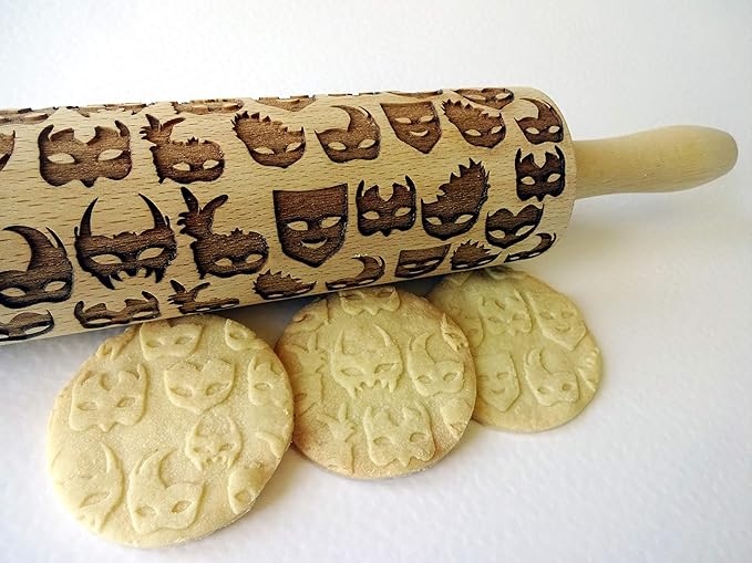 Embossing Rolling Pin CARNIVAL MASKS. Laser Engraved Rolling pin with MASKS Carnival - Gift for friend by Algis Crafts