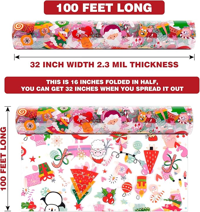100 Ft X 32 in Christmas Cellophane Wrap Roll Christmas Cellophane Bags Xmas Cellophane Wrap with Special Santa Claus Elk Christmas Tree for Christmas Gift Basket, Treat Wine(Christmas Pattern)
