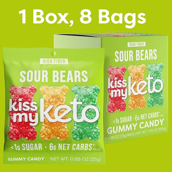 Kiss My Keto Sour Sugar Free Gummy Bears, 16-Pack – Satisfy Cravings while Staying in Ketosis – High Fiber, 6g Net Carbs, Non-GMO, Vegan, & No Gluten – Fruity Sugar Free Gummies
