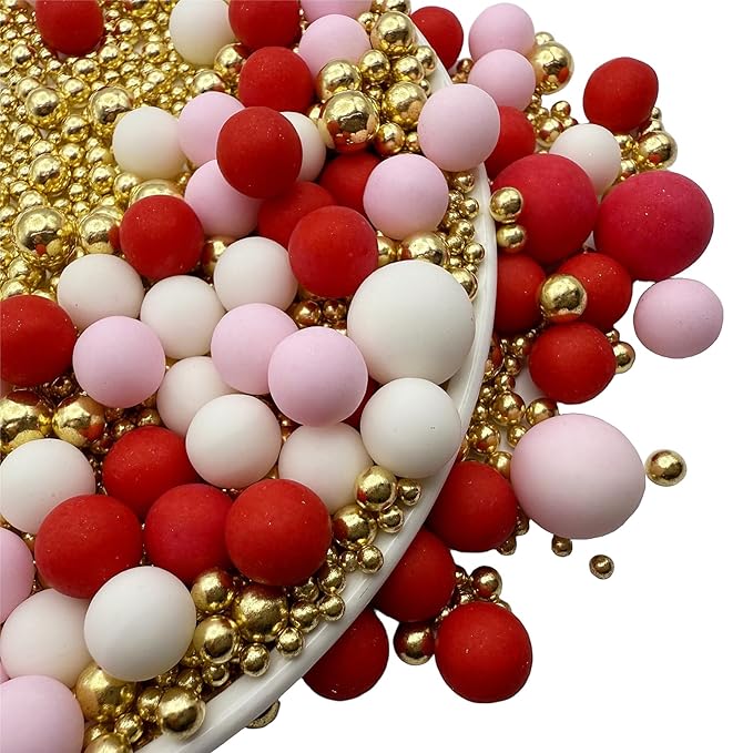 SE Si&Moos Red White and Pink Pearl Sprinkles Valentine Cupcake Sprinkles Edible Red and Gold Pearls for Cake Decorating Pink and White Pearls for Cakes Edible Pearl Cake Decorations Baby Shower Valentine Party Holiday Christmas Supplies 3 OZ