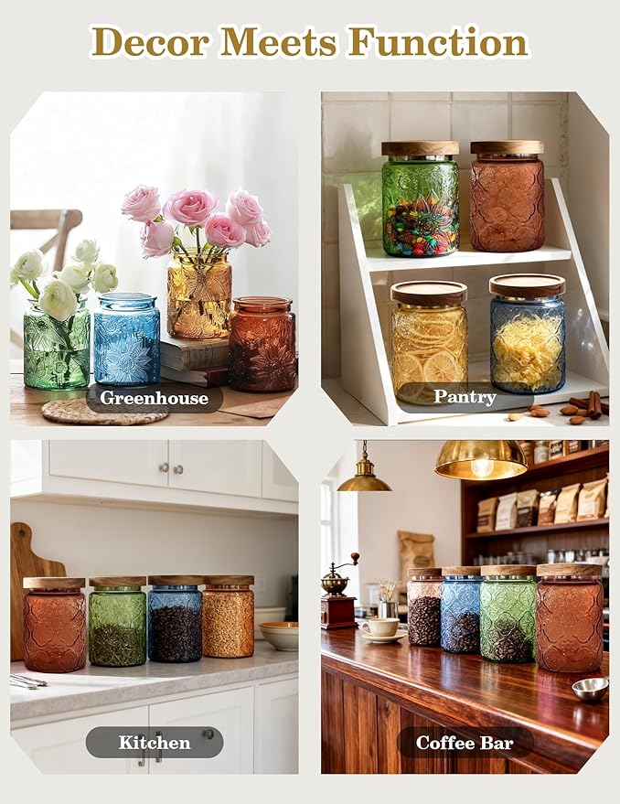 Glass Jar with Airtight Wood Lid – 24 OZ Kitchen Pantry Bathroom Storage Canister, Decorative Vintage Container for Candy, Salt, Coffee, Cookie, Cereal, Nuts, Oats, Flour, Sugar, Tea, Green Begonia
