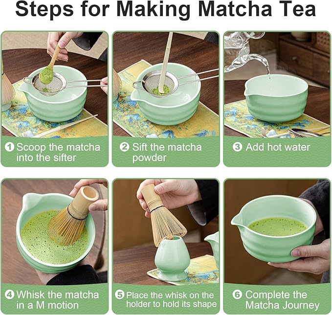 RONBEI Matcha Whisk Set, Japanese Matcha Set with Ceramic Bowl, Bamboo Whisk, Stainless Sifter, Scoop and Holder, Jade Green Matcha Kit for Matcha Lover(7 Pcs)
