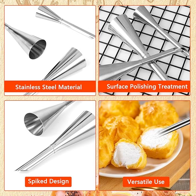 3Pcs Churro Piping Tip Long Cream Icing Piping Nozzle Tips with 2 Brushes Stainless Steel Eclair Piping Tip Small Icing Tips for Pastry Puff Cake Decorating Tools