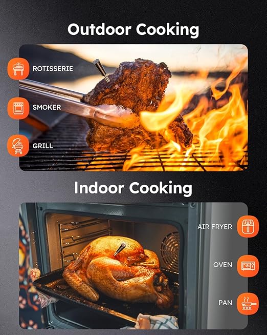 Smart Wireless Meat Thermometer | 6 Sensors Accuracy | 600FT Blutooth Range| IPX7 Waterpoof Dual Probes Digital Food Thermometer for Remote Monitoring of BBQ Grill, Oven, Smoker