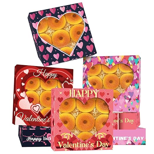 qiqee Auto-pop Up Valentine 30pcs Pie Boxes 10x10x2.5 inches Easy Assemble Macaroon Cookie Bakery Boxes with Window for Valentine's Day