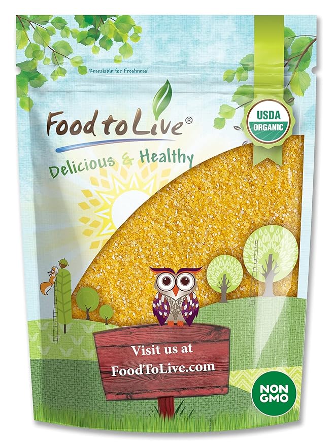 Food to Live Organic Yellow Polenta, 3 Pounds - Non-GMO Yellow Corn Grits, Ground Cornmeal, Quick Cooking, Vegan, Kosher, Bulk, For Hot Cereal and Porridge. Low Sodium, Milled Maize, Corn Meal