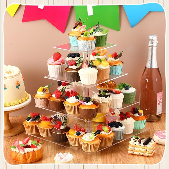 Tiered Cupcake Display Stand Rotatable Cake and Cupcake Tower Stand Combo Clear Acrylic Cake Holder with Tiered Tray for Dessert Pastry Birthday Wedding Party Table(4 Tire and Rectangle)