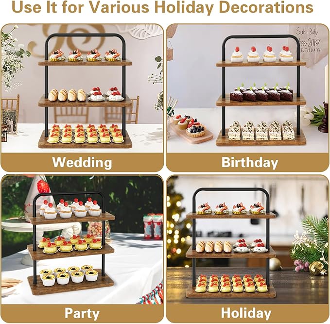 IBUYKE Wood Cupcake Stand,3 Tier Dessert Stand,Cupcake Stand for 50 Cupcakes,Cupcake Tower Dessert Display Stand for Party, Christmas, Wedding, Baby Shower, Serving Tray,Rustic Brown UTLJ013H
