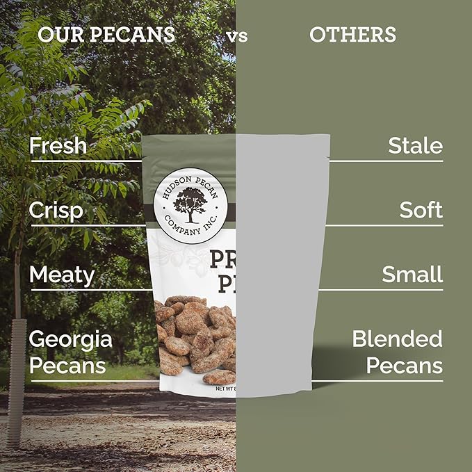 HUDSON PECAN COMPANY: Praline Roasted Georgia Pecans | Candied Gourmet Delight, Irresistible Southern Sweetness (Perfect for Snacking, Baking, Salads, Desserts, Gifting & More), 8 oz Resealable Pouch