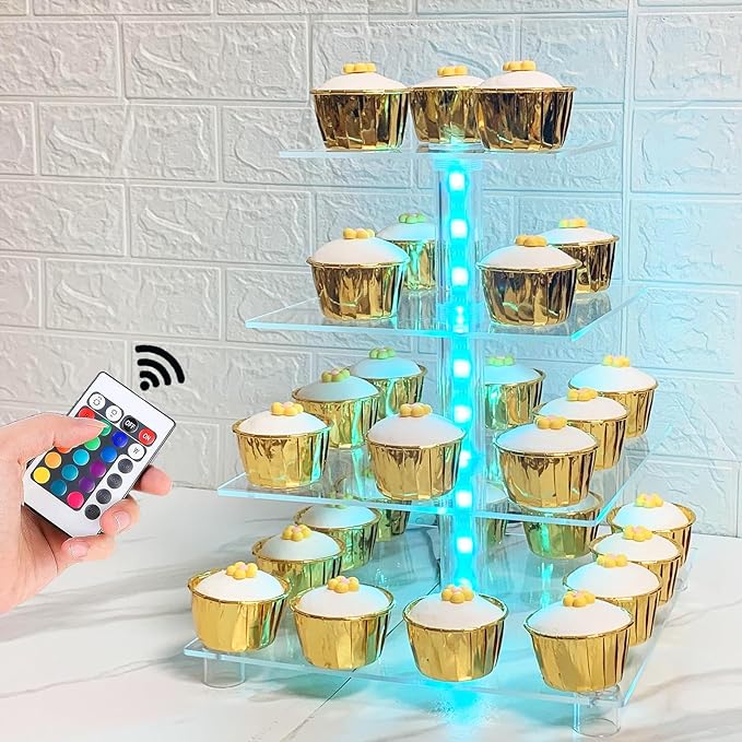 Cupcake Stand Acrylic 4 Tier Tower Display Cupcake Cake Stand with Remote LED Light,Multiple Color Changing Modes,Transparency Serving Tray for Any Parties Events(Large Size)