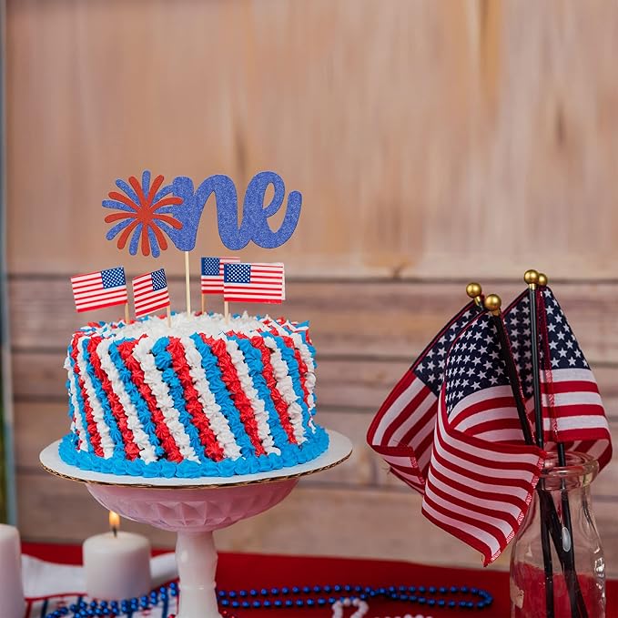 1Pc Happy Independence Day One Cake Topper Glitter Firework Happy 4th of July First Birthday Cake Decorations for Independence Day Theme Party Cake Decorations Supplies