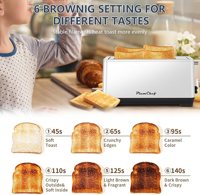 4-Slice Toaster, Extra Wide Long Slot Toaster, 6 Browning Settings, Bagel/Defrost/Reheat Functions, Removable Crumb Tray, Stainless Steel Housing (Silver)