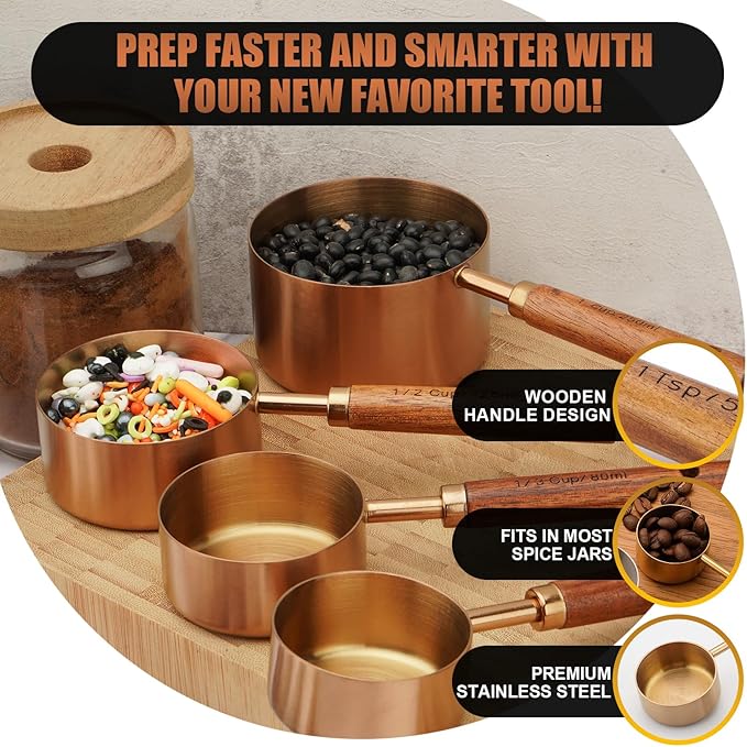 SHIKORI Gold Measuring Cups and Spoons Set with Wood Handles, Premium Stainless Steel Measuring Spoons and Measuring Cups Set, For Cooking and Baking in the Kitchen (Bronze)