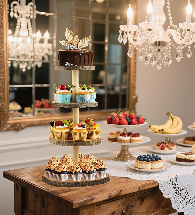 Gusnilo Wooden 4-Tier Rustic Cupcake Stand for Wedding Cakes, Tiered Dessert Tower Display Centerpiece for Parties, Events & Celebrations