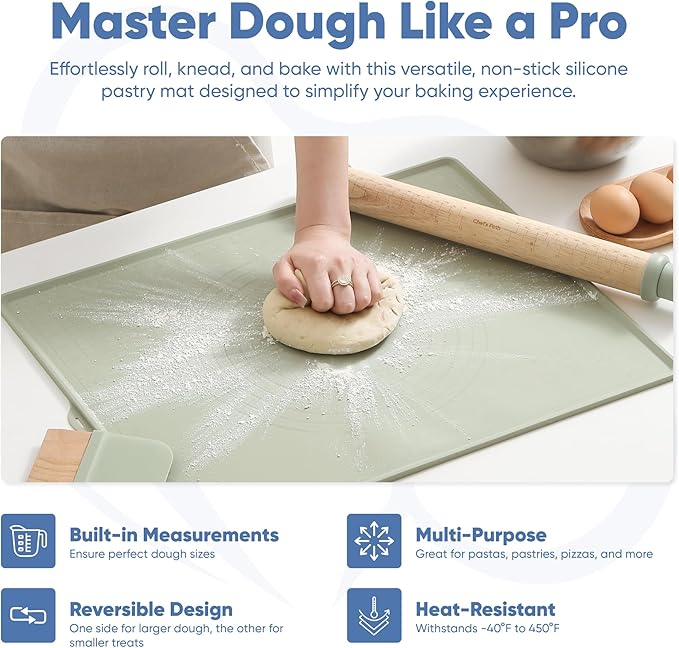 Chef's Path Baking Essentials Set - Adjustable Rolling Pin with 4 Thickness Rings, Reversible Baking Mat, 2-in-1 Silicone Dough Scraper & Wooden Dough Cutter - Food-Safe Baking Tools, Sage Green