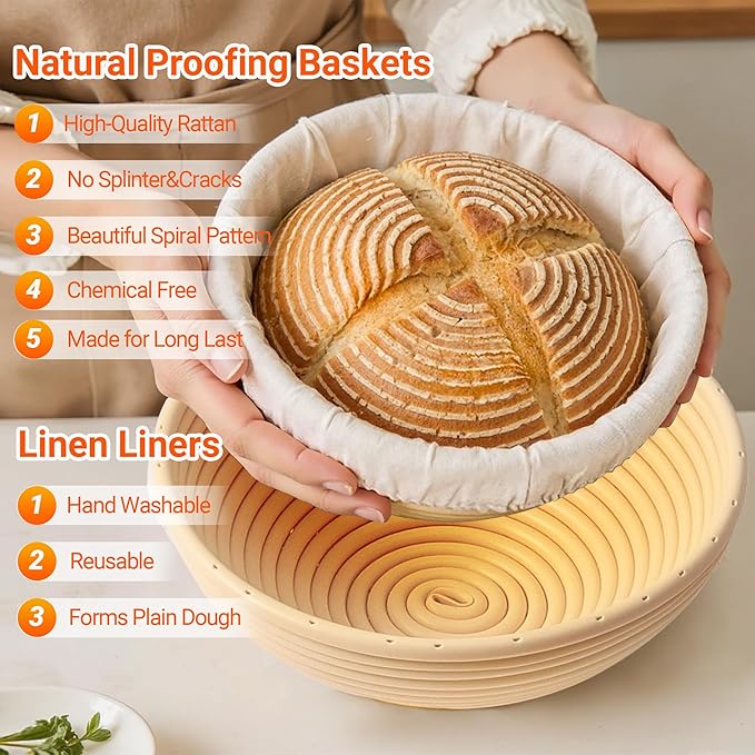 Banneton Bread Baskets,10"Round &11"Oval Proofing Basket with Liners & Covers,Bread Lame,Dough Whish,Brush,Bowl Scraper and Stainless Steel Scraper, for Home & Professional Bakers Baking Tool