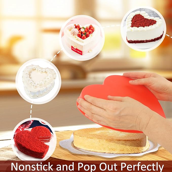 MILIVIXAY 2PCS Heart Shaped Cake Pans, 6 Inch Cake Mold, Red, Thin Style, Completely Non Stick, Food Grade Silicone, Easy To Store and Wash, Microwave, Freezer and Oven Safe.