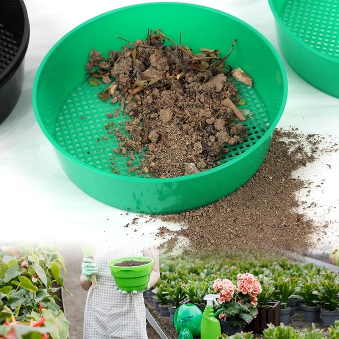 Gardening Sand Soil Compost Sifter, 4 Pack Rock Garden Sieve, Round Plastic Sifting Pan Set for Home Plant Work With Small Gravel and Sand