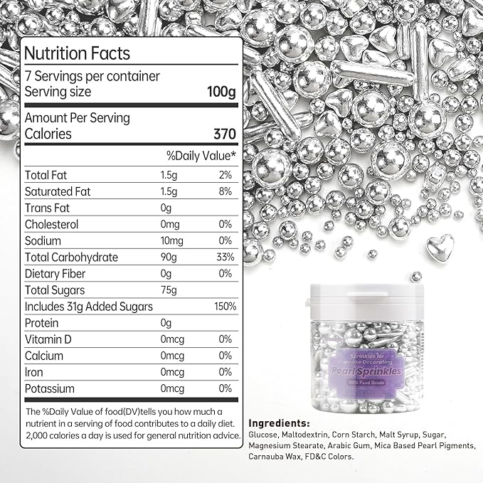 Edible Silver Pearl Heart Rods Sprinkles, Mix Size, Silver Pearl Sprinkles for cupcake decorating, Cupcake Toppers Cake Decorations, 130g/4.58oz
