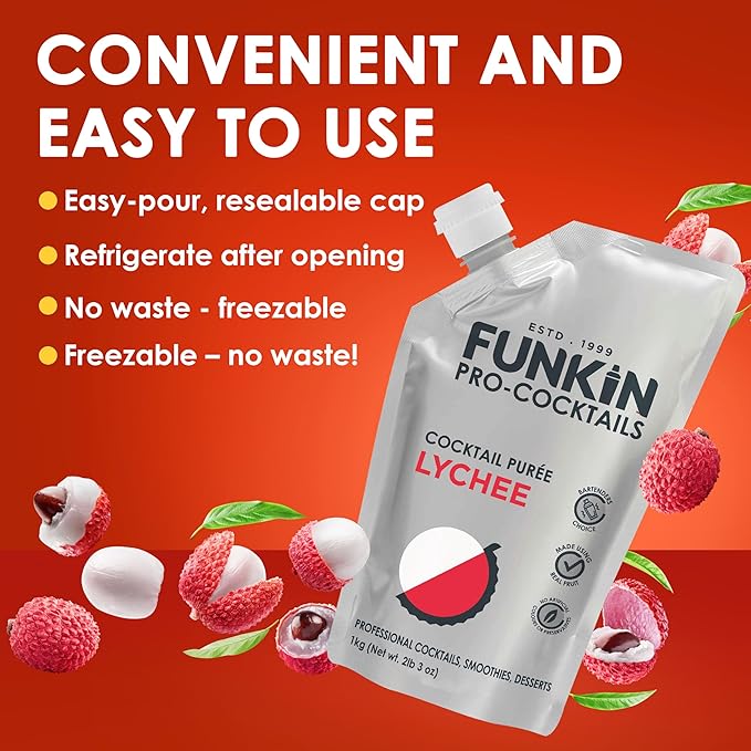 Funkin Fruit Puree | Real Fruit, Simple Ingredient, Natural Mixer for Cocktails, Drinks, Smoothies | Vegan, Non-GMO, Gluten-Free (2.2 lbs) (Lychee)
