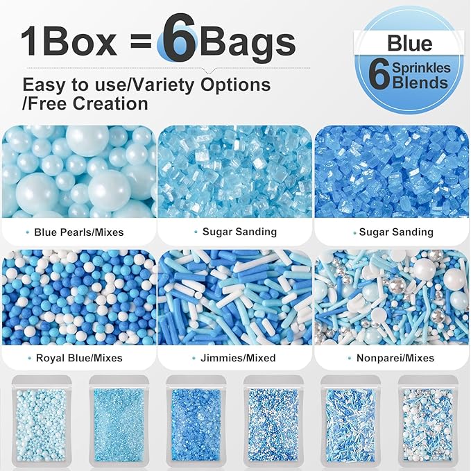 HUEBEATY 6-in-1 Blue and White Sprinkles for Cake Decorating – 180g/6.36oz Edible Baby Shower, Hanukkah, Frozen & Winter Sprinkles with Baby Blue Sugar, Nonpareils, Pearls & Jimmies for Cupcakes, Cookies, Ice Cream