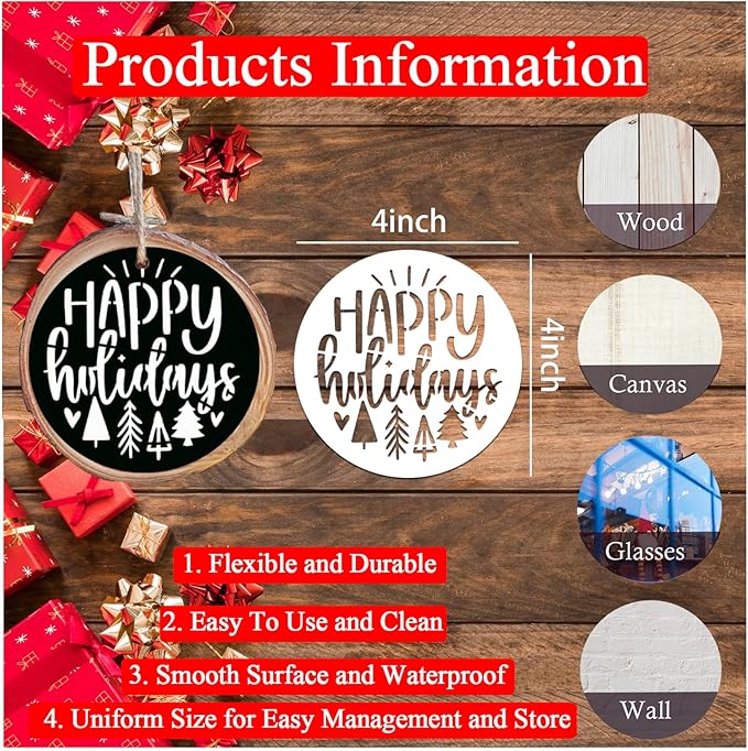 Small Christmas Stencils for Painting on Wood Reusable 4in Round Small Holiday Merry Christmas Stencils Ornaments Stencil for Wood Cards Scrapbook Journal Cookie Glass (16pcs Words 4in Round)