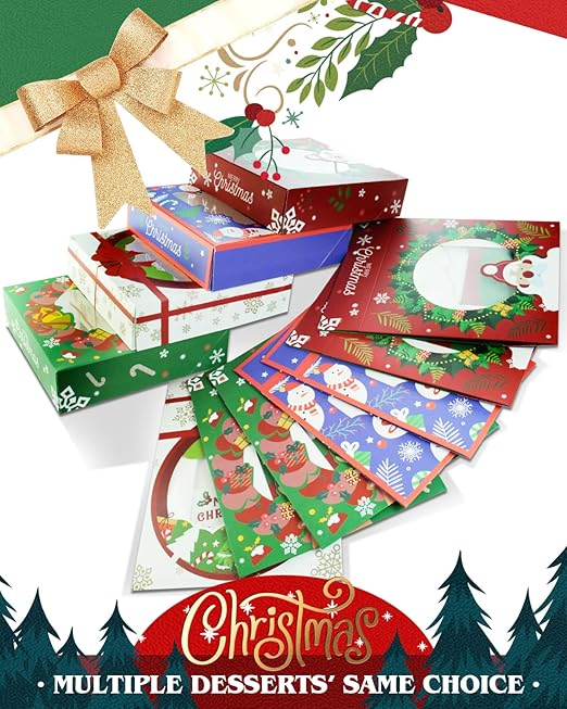 qiqee New Christmas Pie Boxes with Window 10x10x2.5 Inch 12Packs Cookie Donut Bakery Box