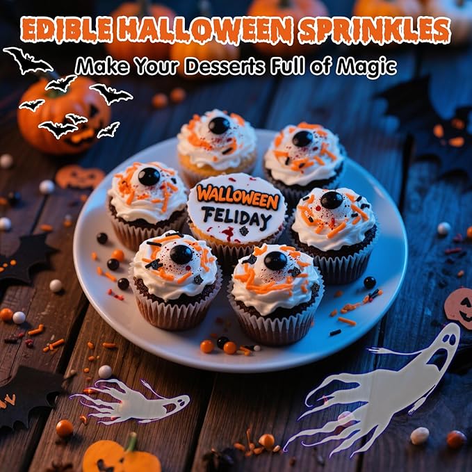 Edible Terrifying Sprinkles,Candy Bloody Eyeballs,Orange Pearls Black Spider Sprinkle Jimmies Mix,130g,Perfect for Cake Decorations,Baking,Ice Cream,Cookies,Cupcake Topper,Halloween Thanksgiving Christmas Supplies Children's Party