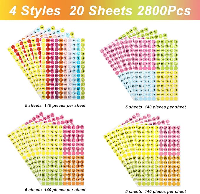 2800Pcs Garage Sale Price Stickers, 3/4 Inch Round Yard Sale Price Stickers, Removable Price Tag Labels for Yard Sales, Flea Markets, County Fairs & Retail Stores