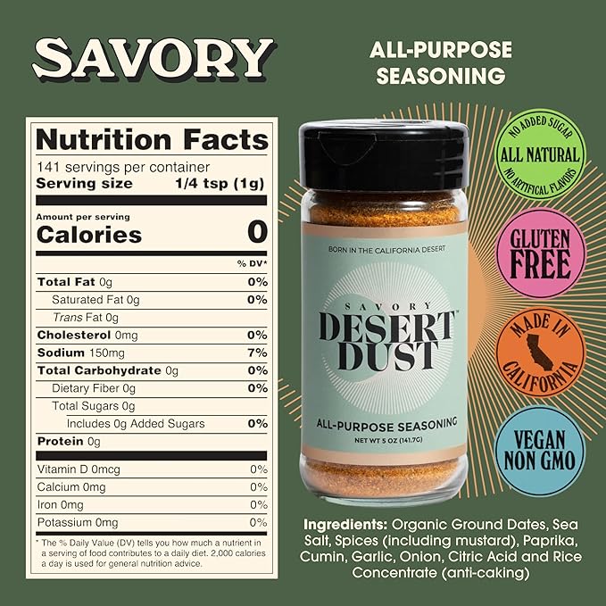 Desert Dust Savory Seasoning – Organic Date Sugar Blend with Cumin, Paprika & Chili | Perfect Savory Spice for Chicken, Fish, Veggies & More | Low-Glycemic, Gluten-Free, No Brown Sugar (5oz)