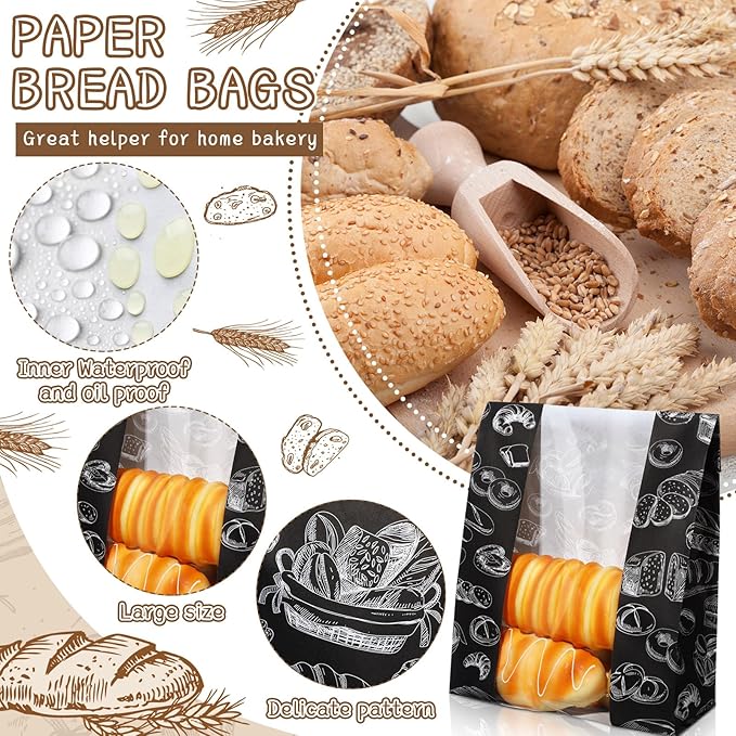100 Packs Paper Bread Bags for Homemade Bread Sourdough 13.8 x 8.3 x 3.5 Inches Kraft Paper Bakery Bag with Window Label Seal Sticker for Baked Food Packaging Storage(Black)