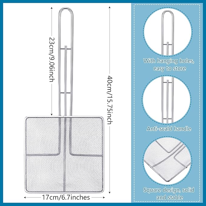 Mumufy 2 Pcs Square Fine Mesh Skimmer Spider Strainer Oil Skimmer for Deep Fryer Frying Scoop Stainless Steel Spider Strainer with Long Handle for Kitchen Swimming Pools Fried Food (6.7 x 6.7 Inch)