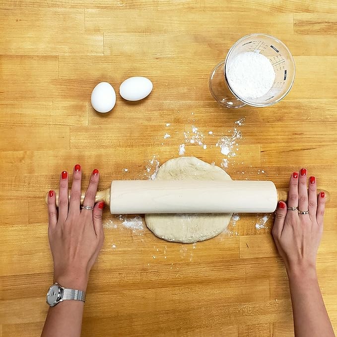 Frieling Maple Rolling Pin with Handles - 2.4-in x 12-in Barrel, Natural Wood - Baking Essentials, Pastry Roller & Pizza Dough Roller
