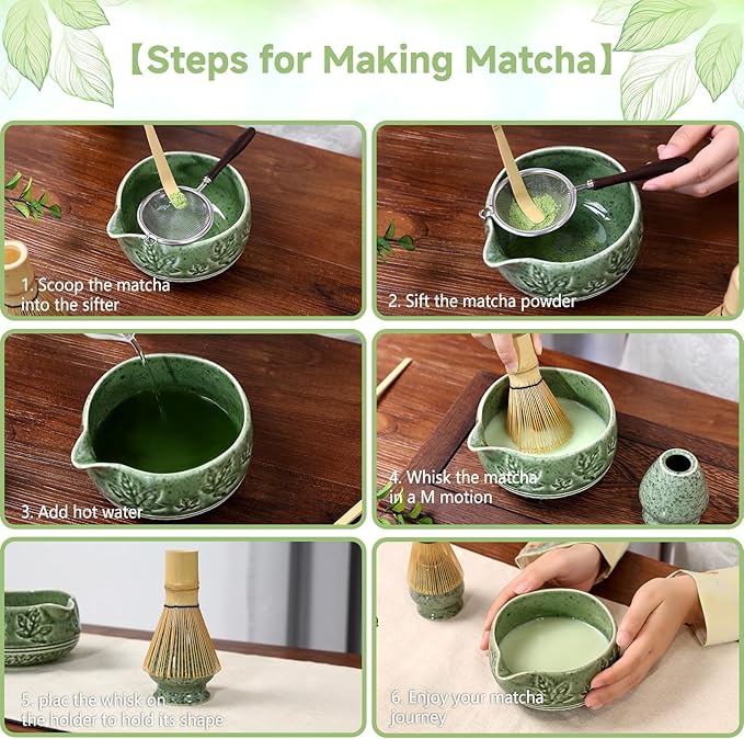 7 Pcs Matcha Whisk Set, Ceremony Matcha Kit with Matcha Bowl, Bamboo Whisk and Holder, Scoop and Scoop Rest, Sifter and Tea Towel, Gift for Matcha Lovers (Mottled Green/Maple Leaf-Patterned)