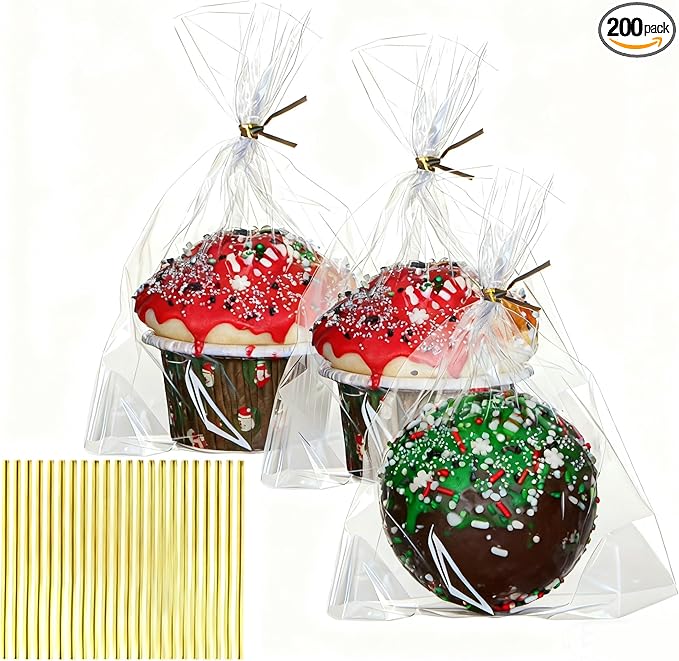 200 Pack 5"×2"x6.5" Cellophane Muffin Bags with Gold Twist Ties & Flat Bottom Food Safe Bakery Packaging for Cupcakes, Brownies, Cookies, Macarons Perfect for Party Favors & Catering