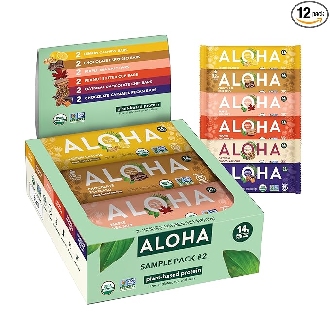 ALOHA Organic Plant Based Protein Bars - Sampler Pack #2-12 Bars, Vegan, Low Sugar, Gluten-Free, Paleo, Low Carb, Non-GMO, No Stevia, No Erythritol