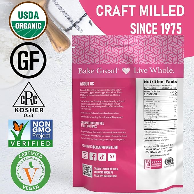 Great River Milling Organic Steel Cut Oats | Whole Grain, Non-GMO, Kosher | Hearty Healthy | Rich Texture & Flavor | Perfect for Oatmeal, Porridge, Granola & Baking | 5 Lb