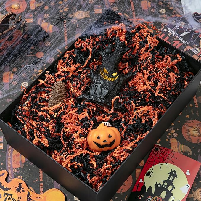 Mefleet 1 LB Halloween Crinkle Cut Paper Shred Filler Black & Orange Crinkle Shredded Paper for Gift Basket - Gift Box Bag Filler - Grass Cushion Stuffing for Halloween Packaging Wrapping
